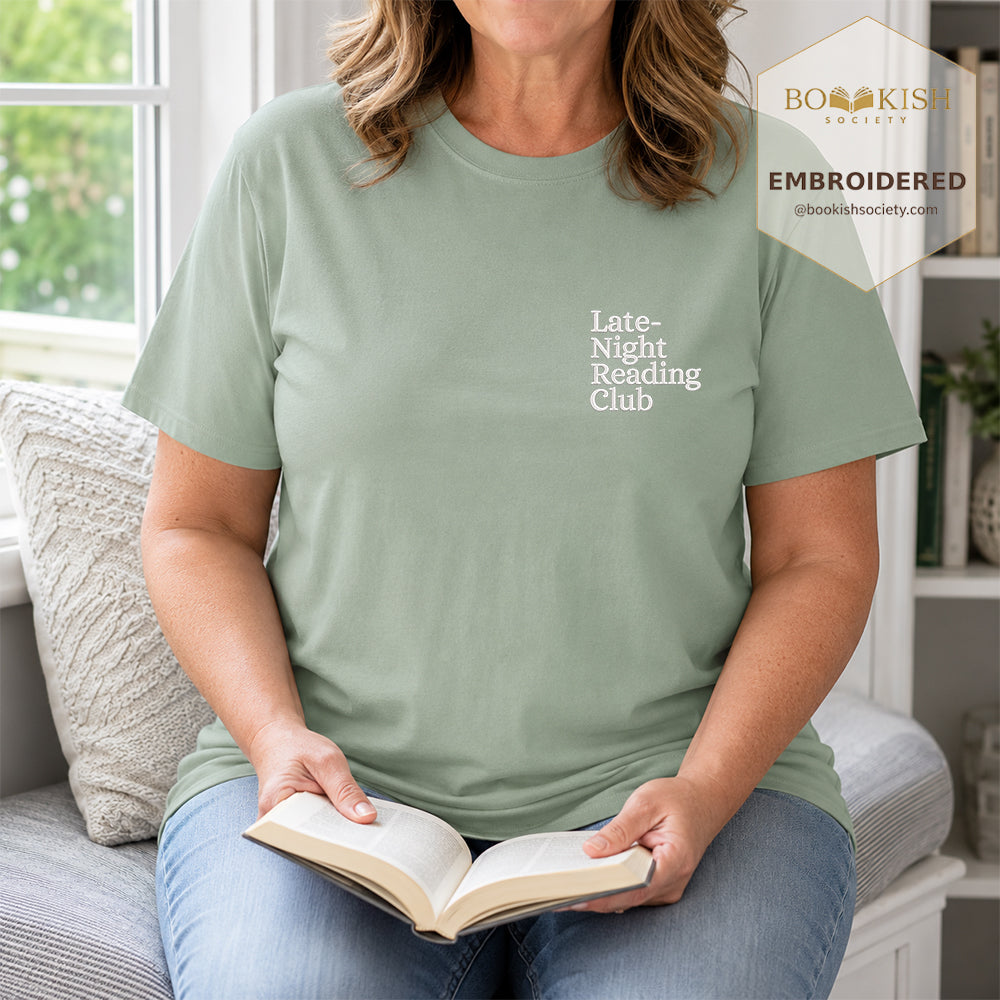 Late Night Reading Club Embroidered Comfort Color® T-shirt | Book Lover Gift Bay