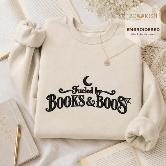 Fueled By Books & Boos Embroidered Sweatshirt | Halloween Book Lover Gift Sand