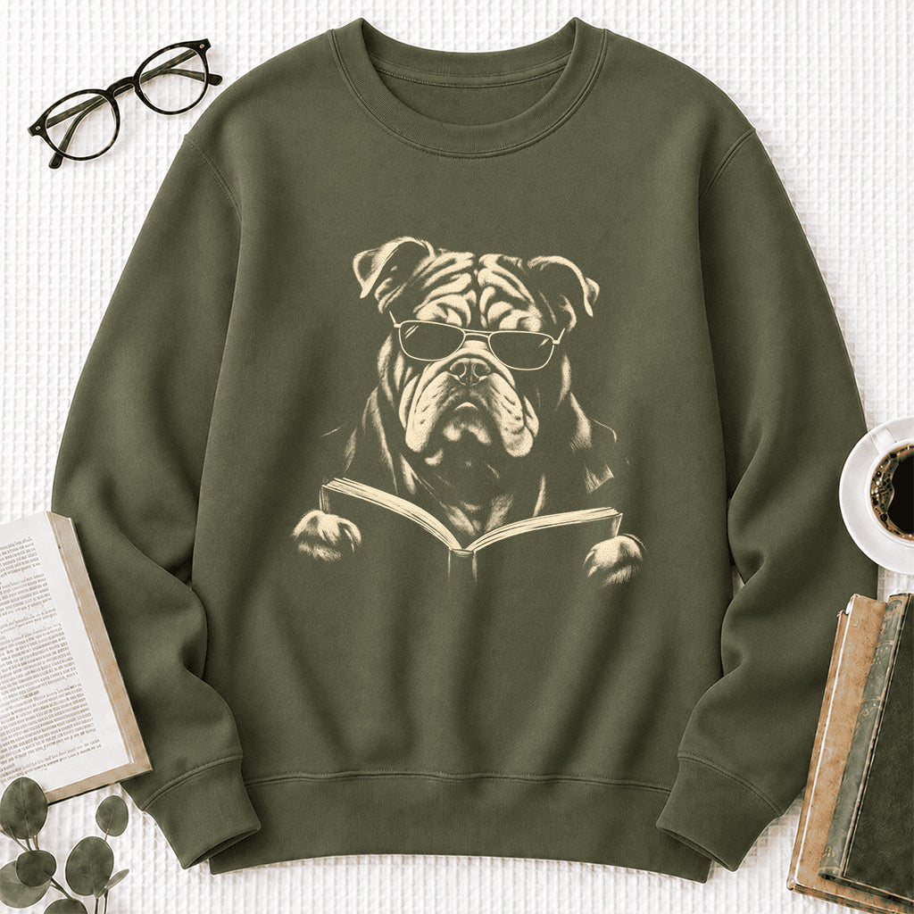 Bulldog Reading Book Crewneck Sweatshirt | Reader Gift Military Green