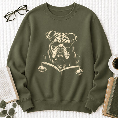 Bulldog Reading Book Crewneck Sweatshirt | Reader Gift Military Green