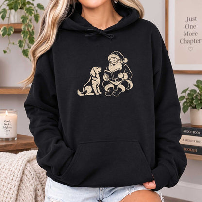 Funny Dog With Santa Christmas Softstyle Hoodie | Christmas Gift For Dog & Book Lover Black