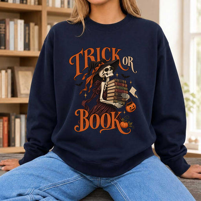 Trick Or Book Printed Sweatshirt | Halloween Book Lover Gift Navy