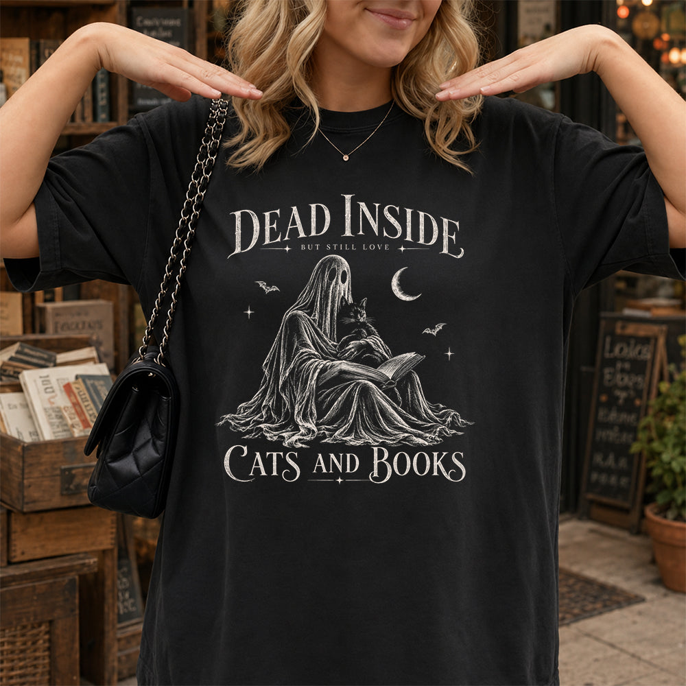Dead Inside But Still Love Cats And Books Printed T-Shirt | Halloween Gift Black