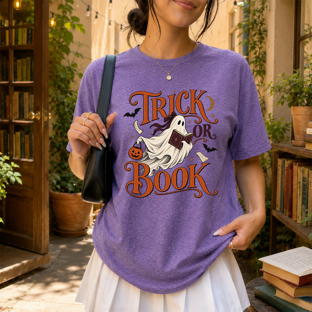 Trick Or Book Ghost Printed T-Shirt | Halloween Book Lover Gift Heather Purple