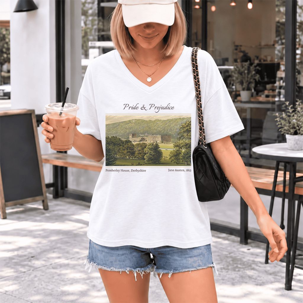 Pemberley House Pride And Prejudice Ultra-Soft V-Neck | Classic Literature Reader Gift White