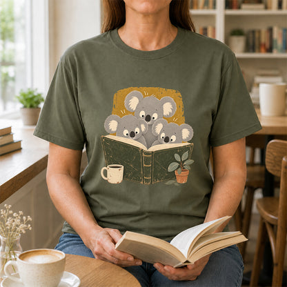 Minimal Japanese Koalas Reading Softstyle T-Shirt | Book Lover Gift Military Green