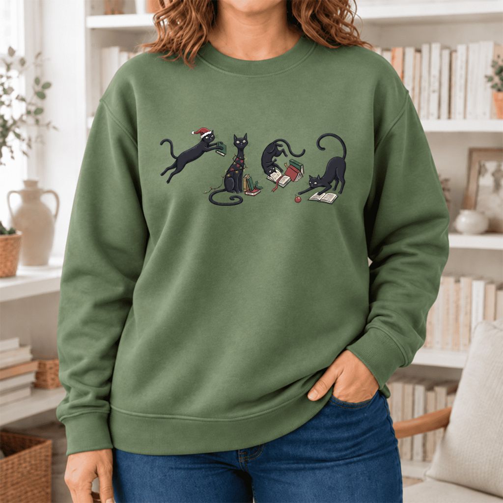 Christmas Reading Cats Softstyle Sweatshirt | Christmas Book Lover Gift Military Green