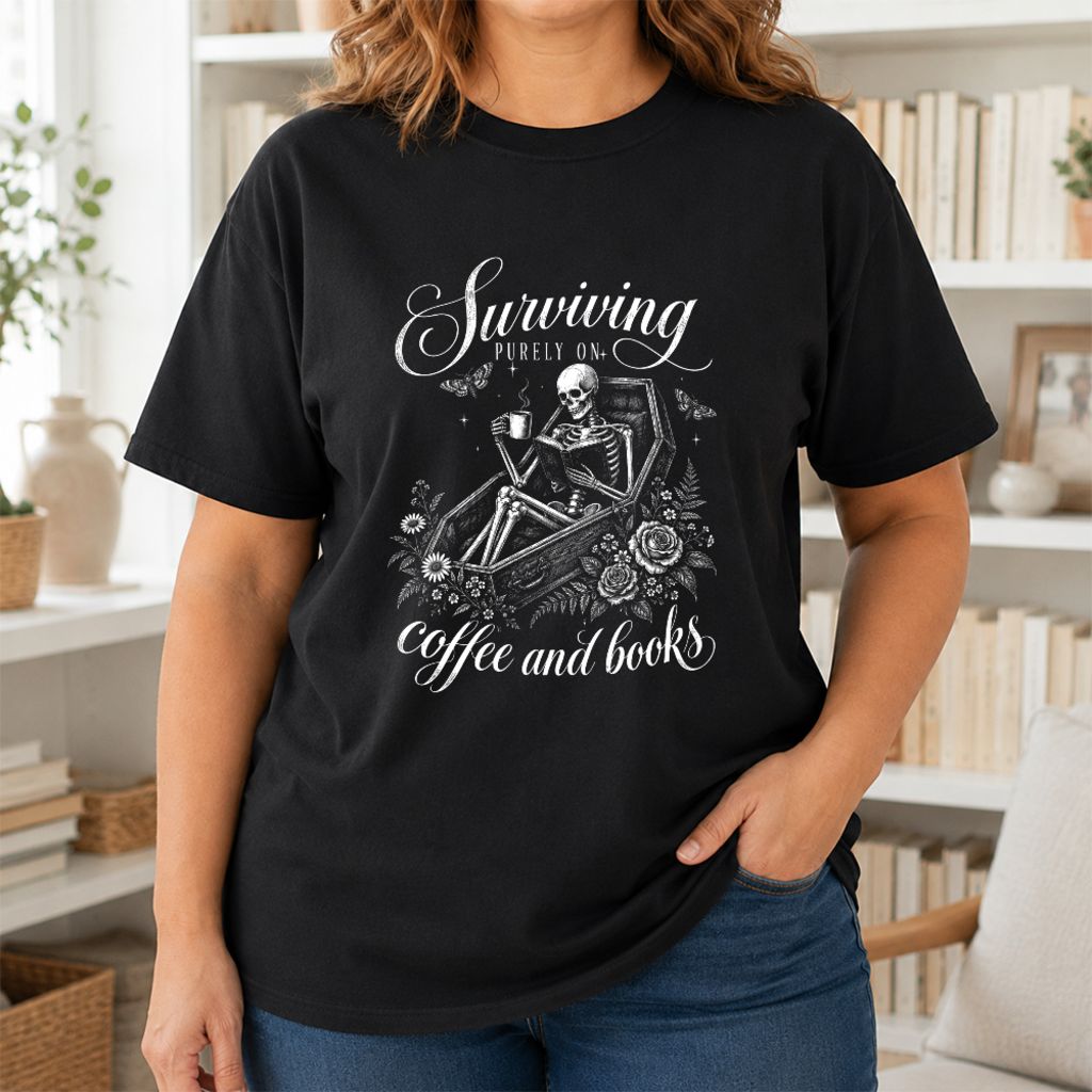 Surviving Purely On Coffee And Books Printed T-Shirt | Halloween Book Lover Gift Black