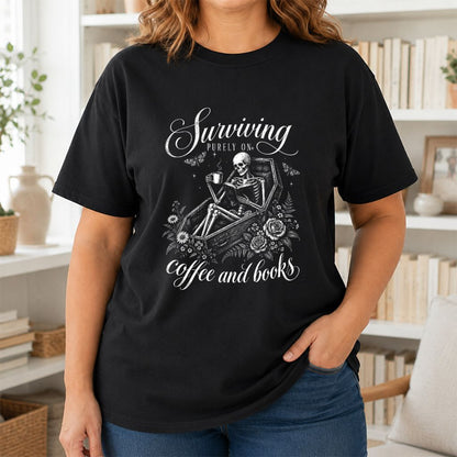 Surviving Purely On Coffee And Books Printed T-Shirt | Halloween Book Lover Gift Black