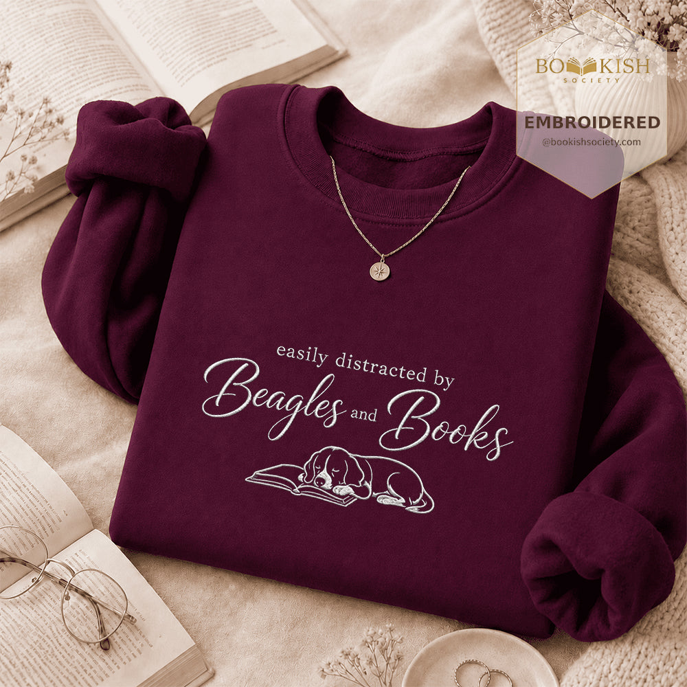Easily Distracted By Beagles And Books Embroidered Sweatshirt | Dog Lover & Reader Gift Maroon
