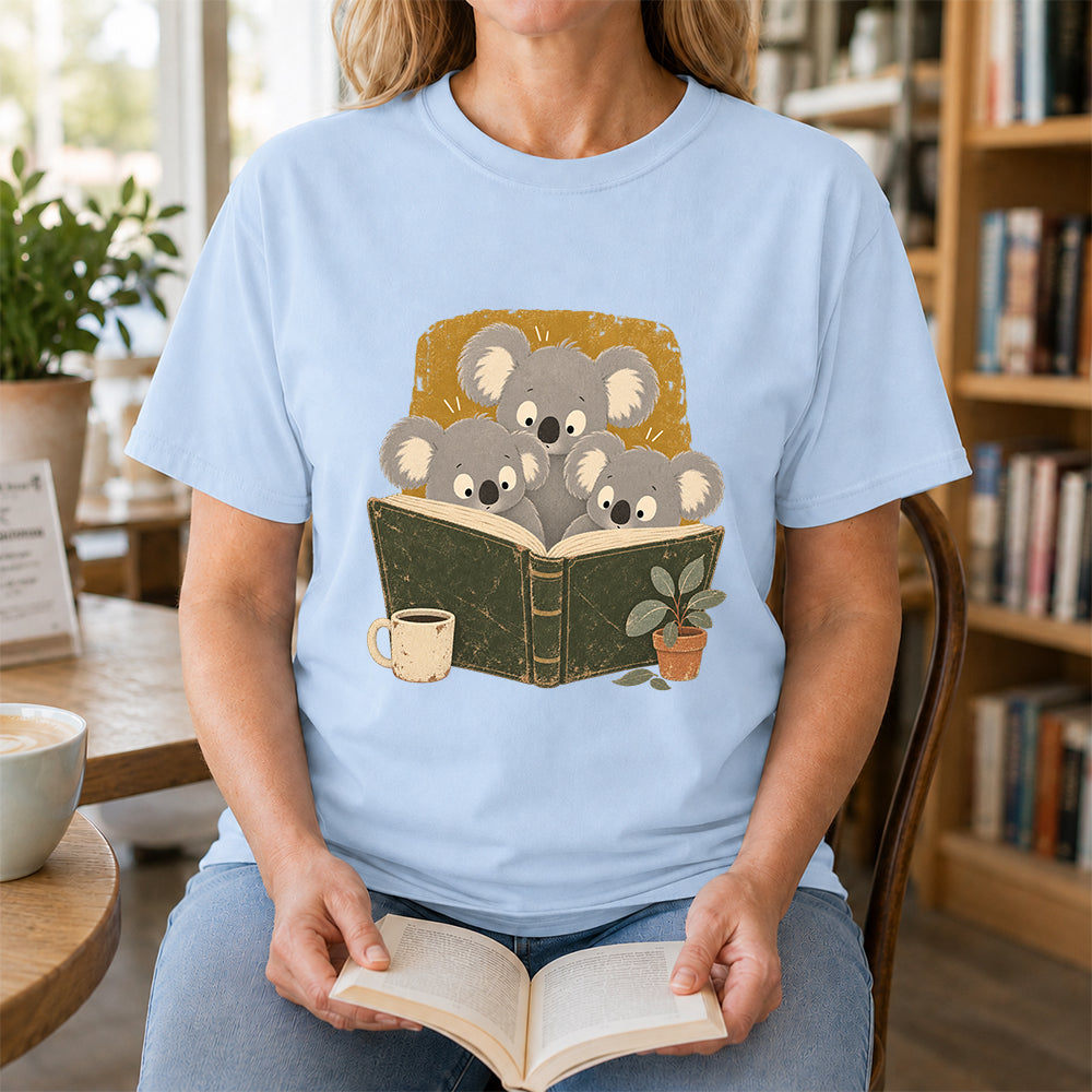 Minimal Japanese Koalas Reading Softstyle T-Shirt | Book Lover Gift Light Blue