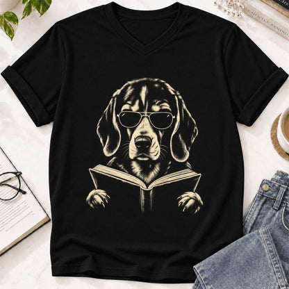 Beagle Reading Book Ultra-Soft V-Neck | Dog Mom Reader Gift Black