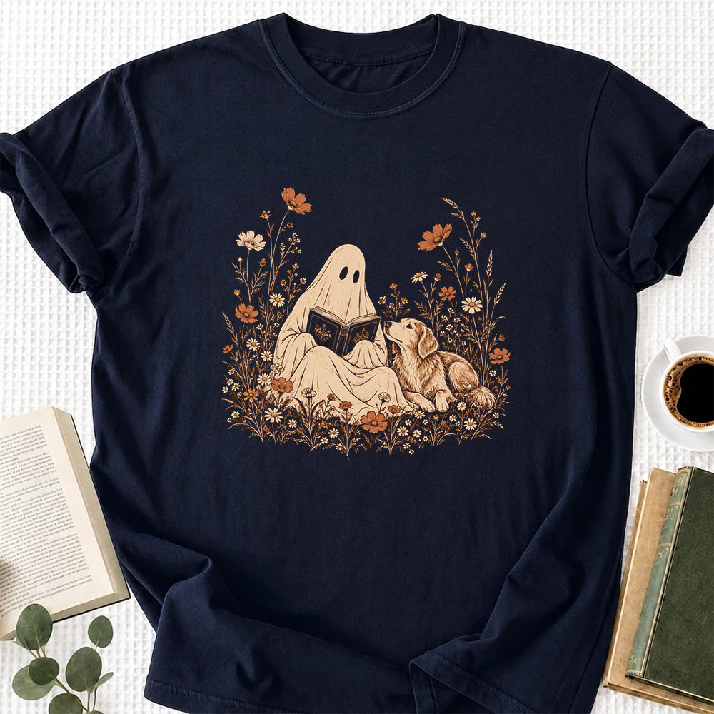 Ghost Wildflowers With Book And Golden Retriever Printed T-Shirt | Halloween Dog Lover Gift Navy