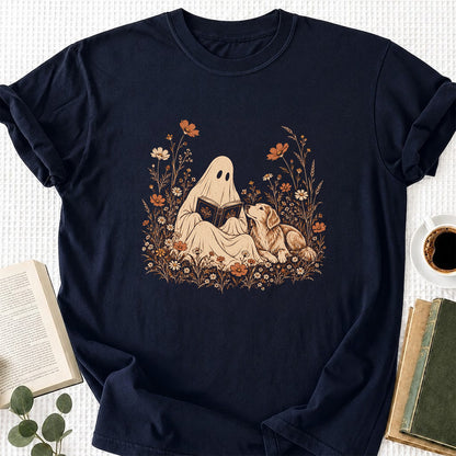 Ghost Wildflowers With Book And Golden Retriever Printed T-Shirt | Halloween Dog Lover Gift Navy