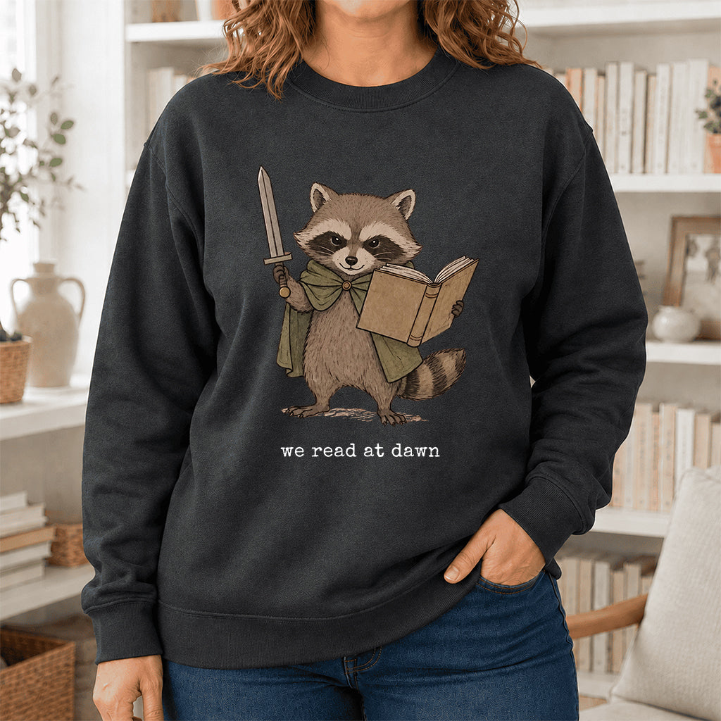Raccoon We Read At Dawn Crewneck Sweatshirt | Reader Gift Dark Heather