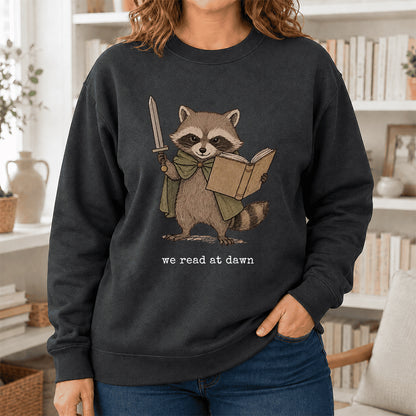 Raccoon We Read At Dawn Crewneck Sweatshirt | Reader Gift Dark Heather