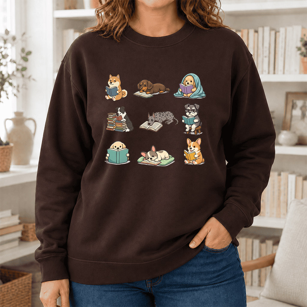 Funny Dogs Reading Crewneck Sweatshirt | Reader Gift Dark Chocolate