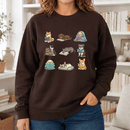 Funny Dogs Reading Crewneck Sweatshirt | Reader Gift Dark Chocolate