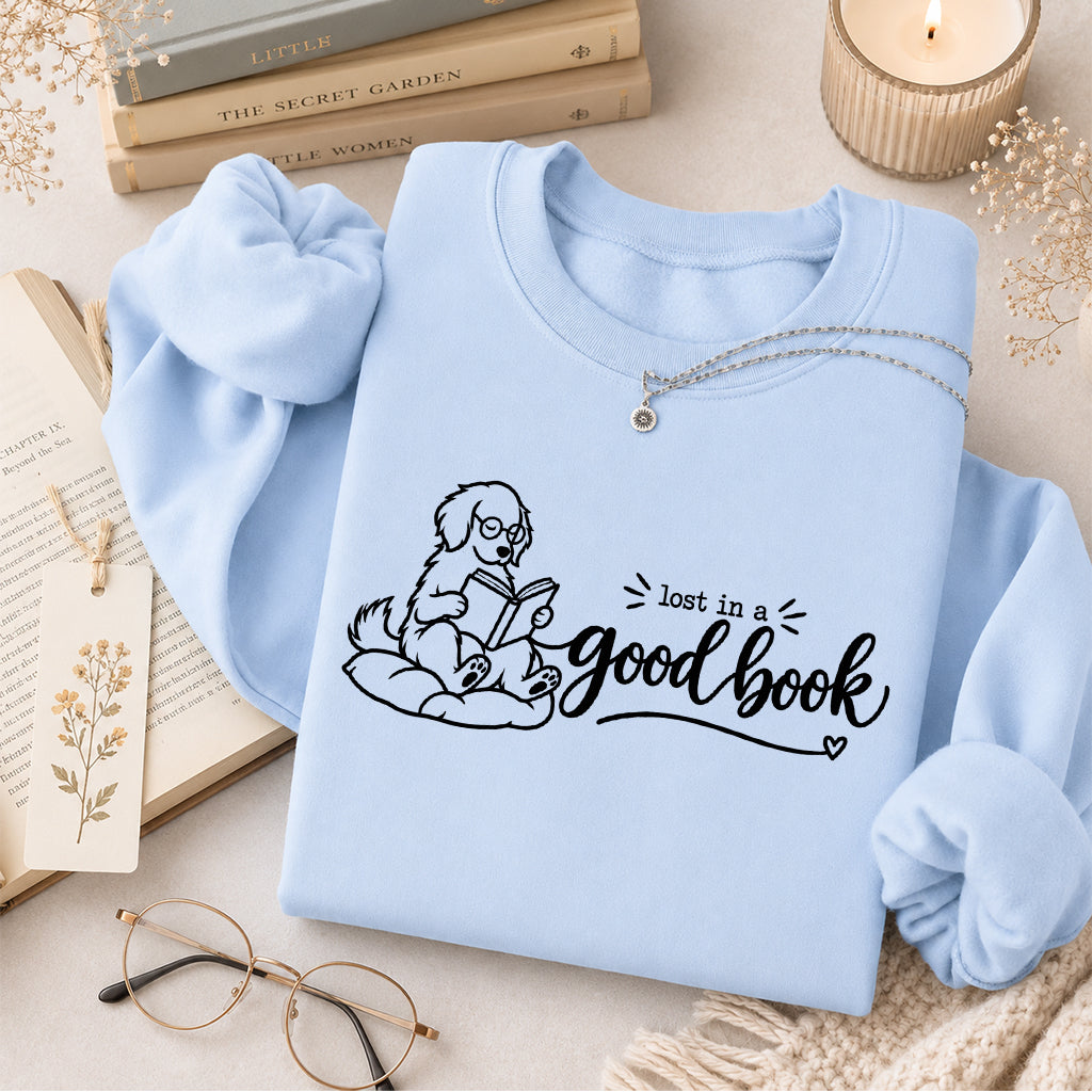 Lost In A Good Book Crewneck Sweatshirt | Dog Lover & Reader Gift Light Blue