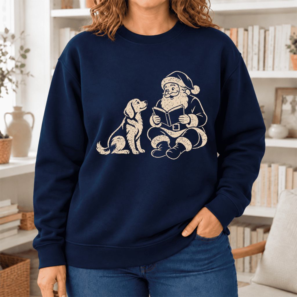 Funny Dog With Reading Santa Softstyle Sweatshirt | Christmas Book Lover Gift Navy