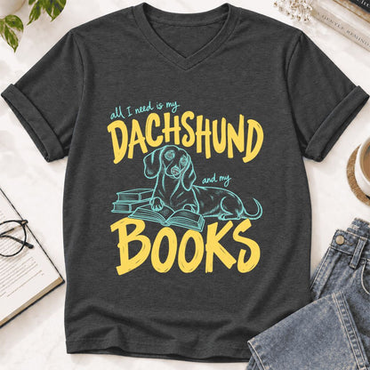 All I Need Is My Dachshund And My Books Ultra-Soft V-Neck | Dog Mom Reader Gift Dark Grey Heather