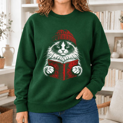Vintage Reading Cat Ragdoll Softstyle Sweatshirt | Christmas Reader Gift Forest Green