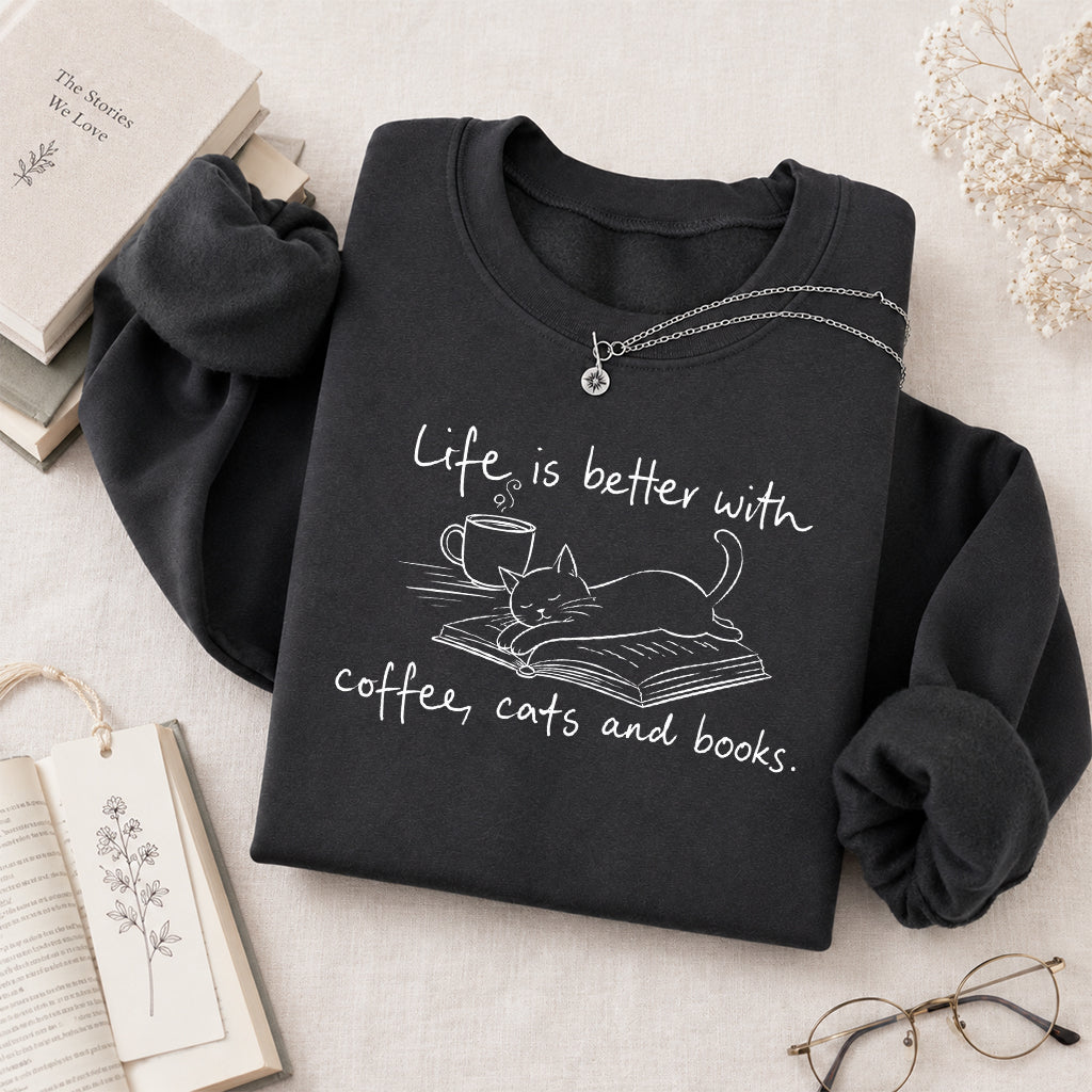 Funny Cats and Books Crewneck Sweatshirt | Reader Gift Dark Heather