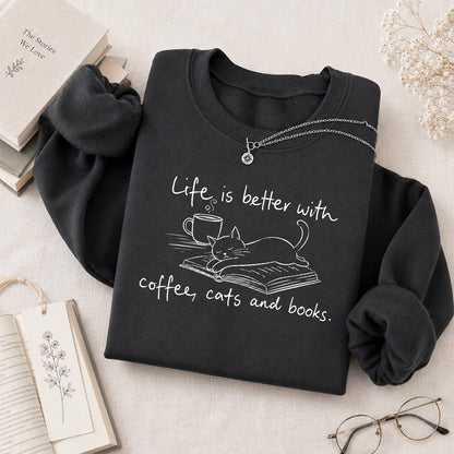 Funny Cats and Books Crewneck Sweatshirt | Reader Gift Dark Heather