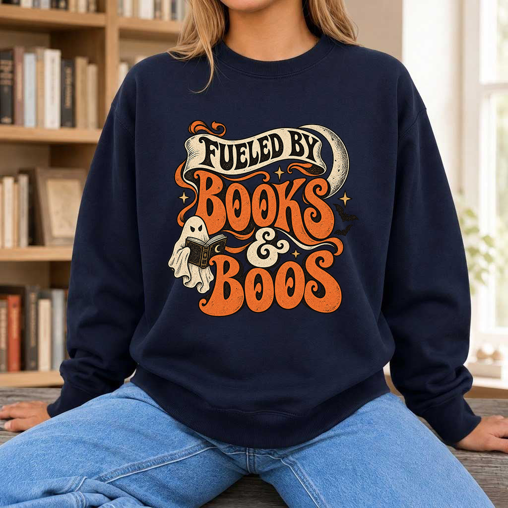 Fueled By Books & Boos Printed Sweatshirt | Halloween Book Lover Gift Navy