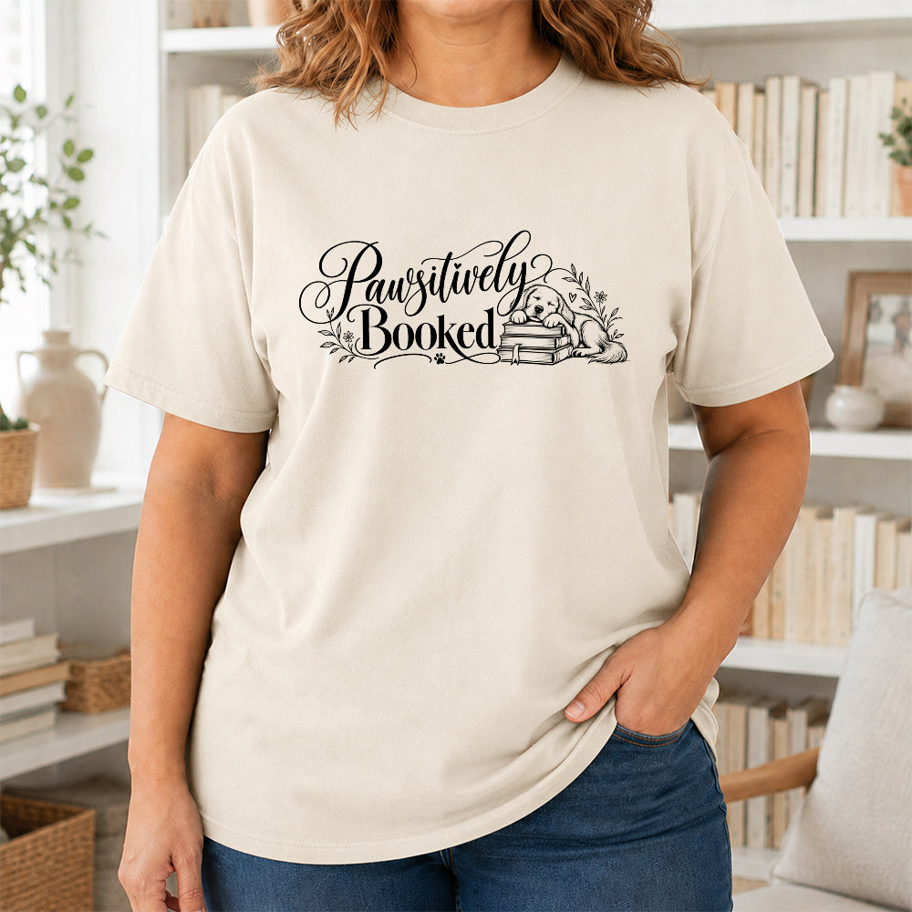 Pawsitively Booked Cotton T-Shirt | Dog Lover & Reader Gift Natural