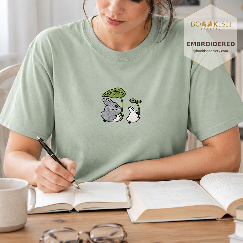 Embroidered Forest Spirits and Flowers Comfort Color® T-shirt Book Lover Gift Bay
