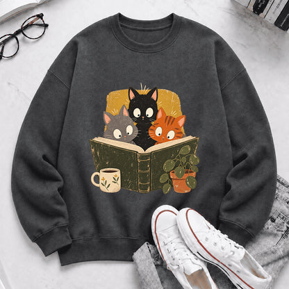 Minimal Japanese Cats Reading Crewneck Sweatshirt | Reader Gift Dark Heather