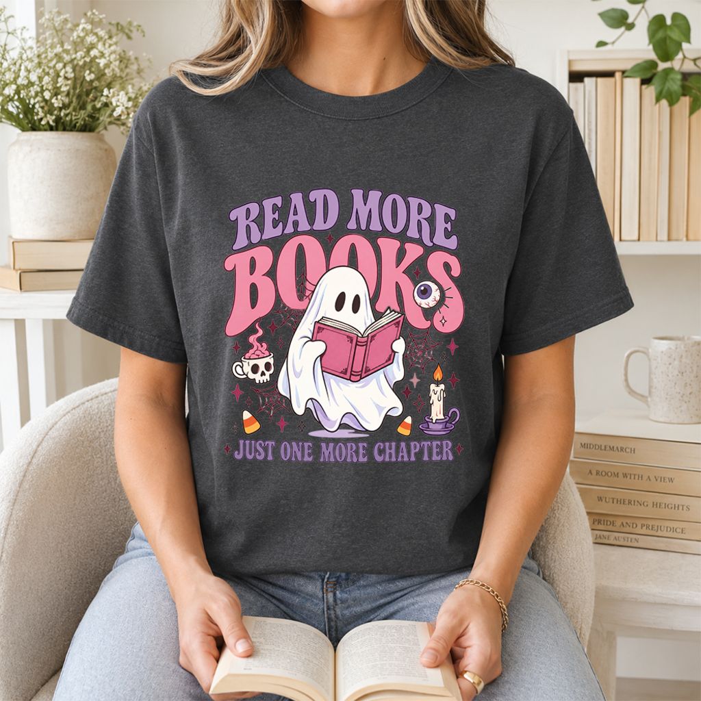 Read More Books Ghost Printed T-Shirt | Halloween Book Lover Gift Dark Heather