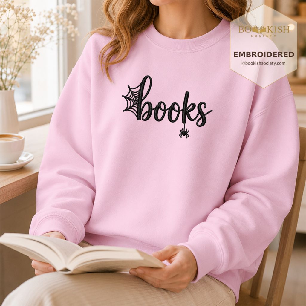 Halloween Books Embroidered Sweatshirt | Spooky Book Lover Gift Light Pink