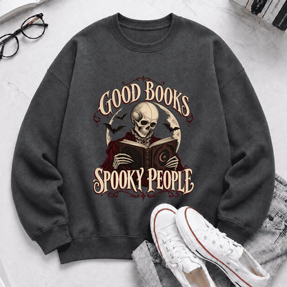 Good Books Spooky People Printed Sweatshirt | Halloween Book Lover Gift Dark Heather
