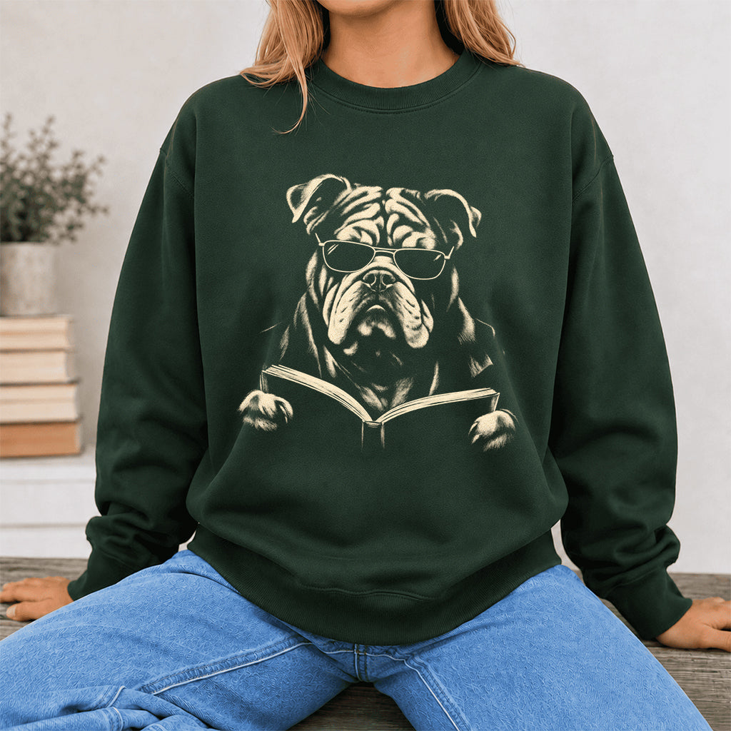 Bulldog Reading Book Crewneck Sweatshirt | Reader Gift Forest Green