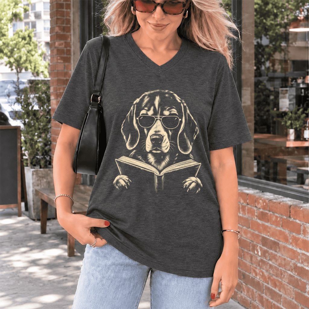 Beagle Reading Book Ultra-Soft V-Neck | Dog Mom Reader Gift Dark Grey Heather