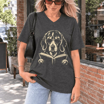 Beagle Reading Book Ultra-Soft V-Neck | Dog Mom Reader Gift Dark Grey Heather