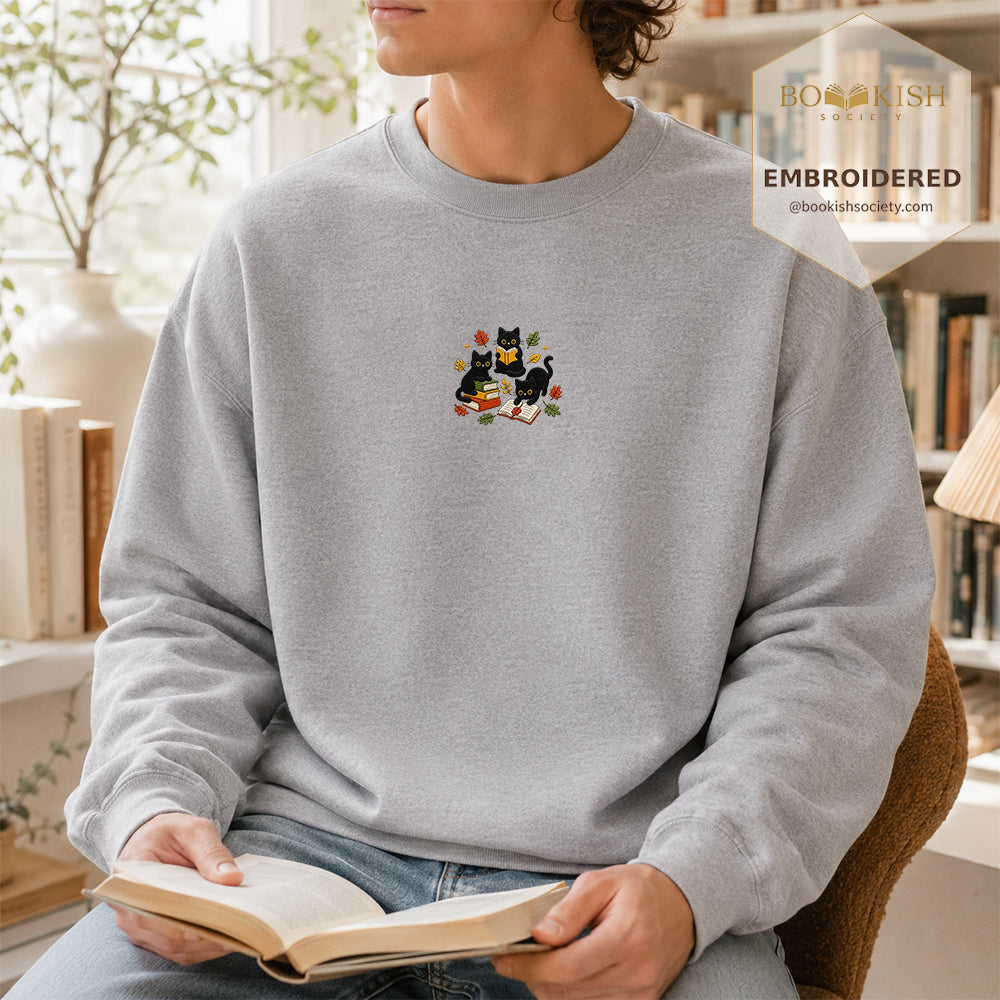 Cat Catching Leaves Embroidered Sweatshirt | Reader Gift Sport Grey