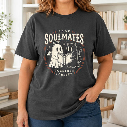 Book Soulmates Together Forever Printed T-Shirt | Halloween Book Lover Gift Dark Heather