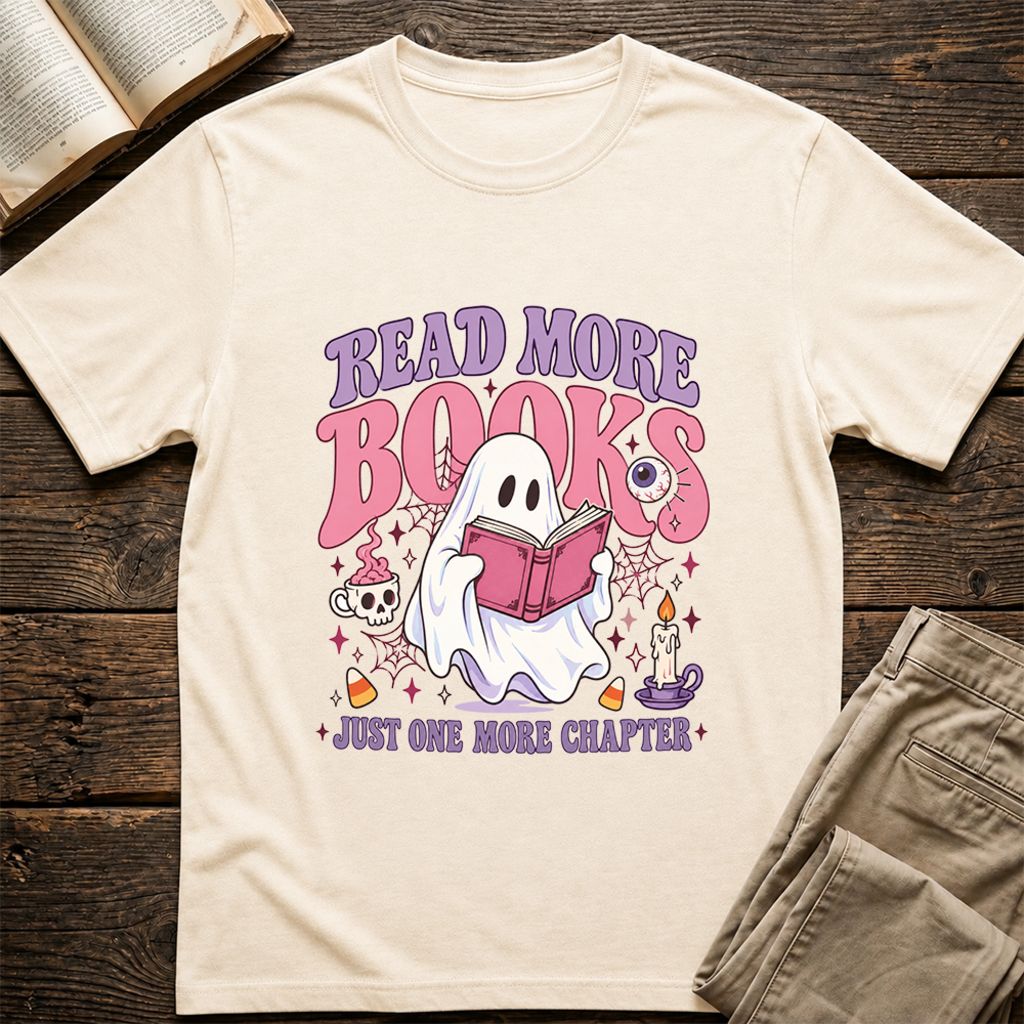 Read More Books Ghost Printed T-Shirt | Halloween Book Lover Gift Natural