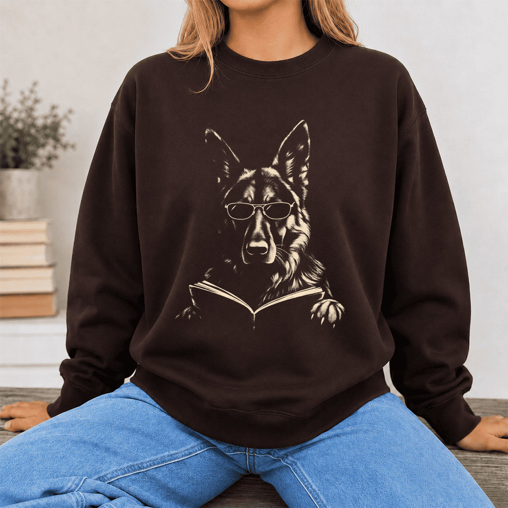 German Shepherd Reading Book Crewneck Sweatshirt | Reader Gift Dark Chocolate