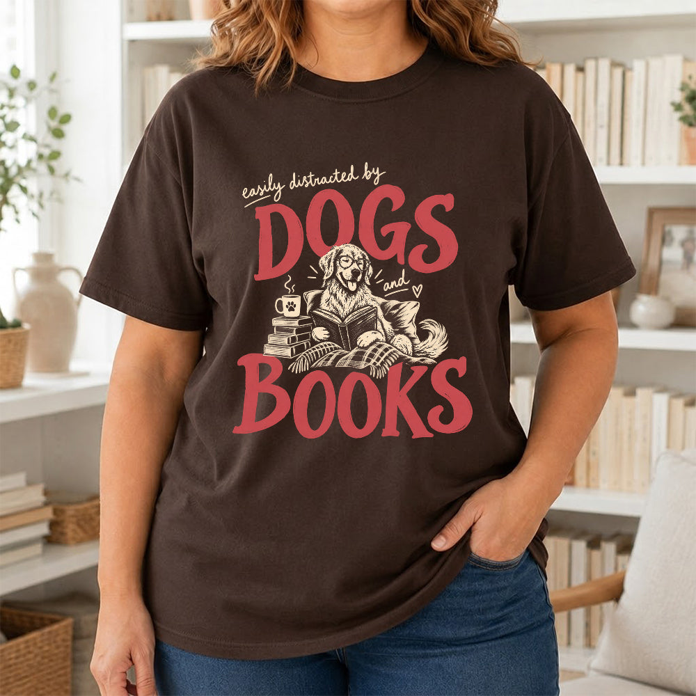 Easily Distracted By Dogs And Books Softstyle T-Shirt | Book Lover Gift Dark Chocolate