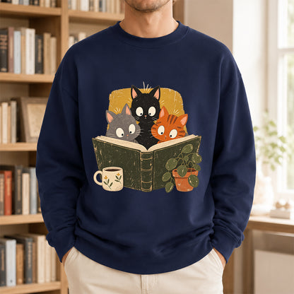 Minimal Japanese Cats Reading Crewneck Sweatshirt | Reader Gift Navy