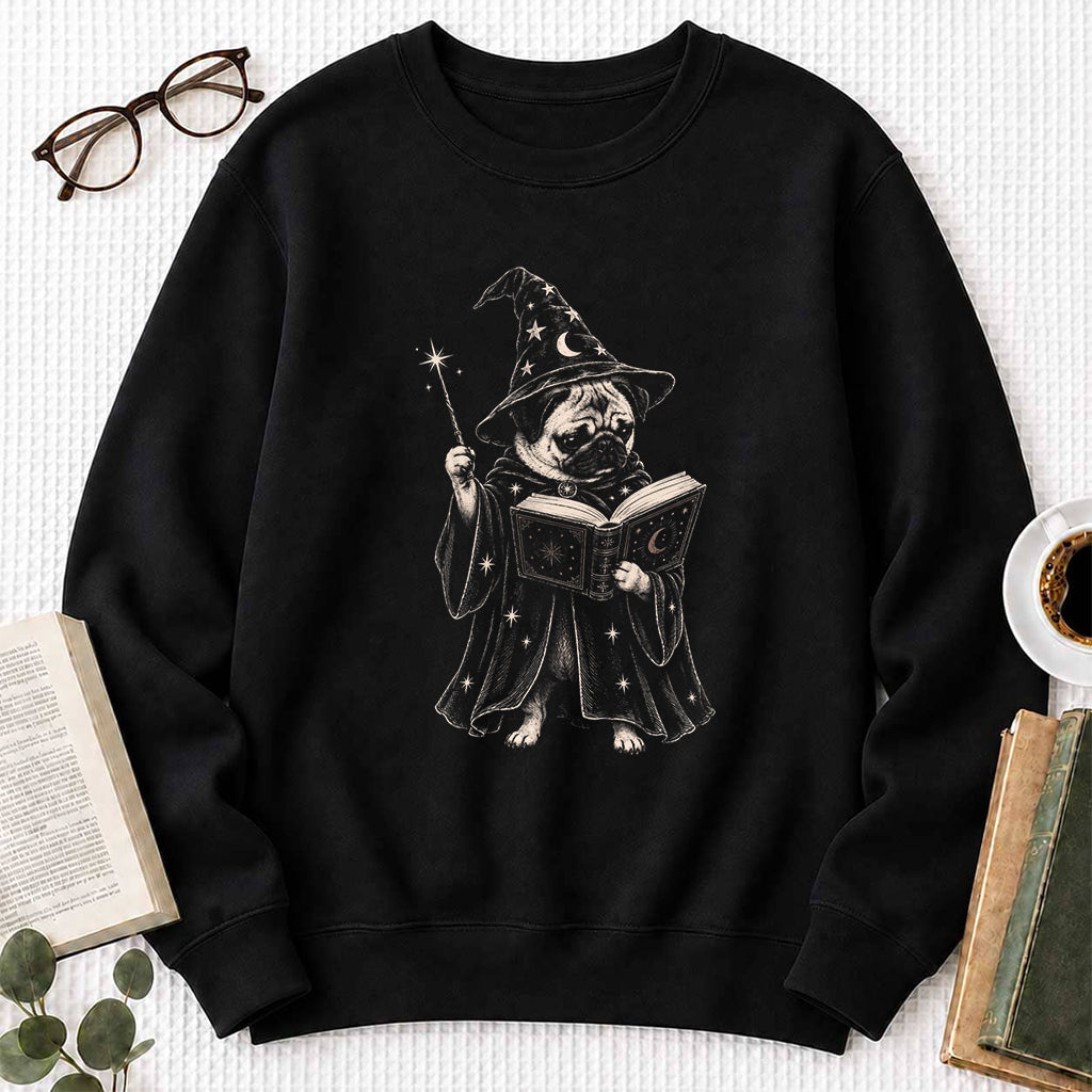 Cute Pug Witch Reading Book Printed Sweatshirt | Halloween Book Lover Gift Black