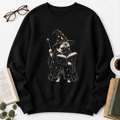 Cute Pug Witch Reading Book Printed Sweatshirt | Halloween Book Lover Gift Black