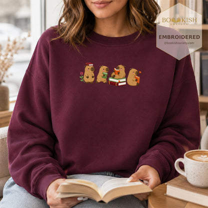 Reading Capybaras Embroidered Sweatshirt | Reader Gift Maroon