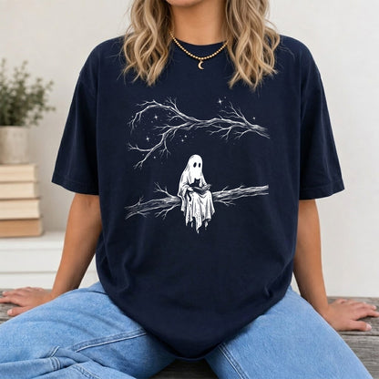 Reading Ghost With Black Cat Printed T-Shirt | Halloween Cat Lover Reader Gift Navy