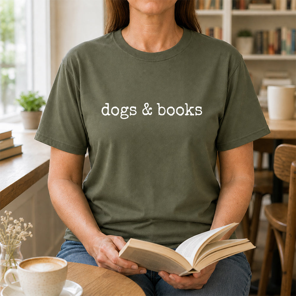 Dogs & Books Sport Cotton T-Shirt | Dog Lover & Reader Gift Military Green