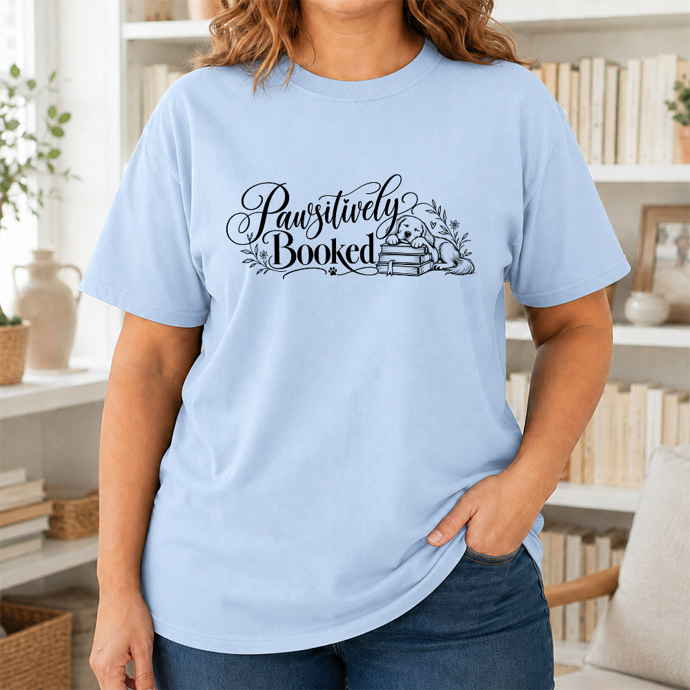 Pawsitively Booked Cotton T-Shirt | Dog Lover & Reader Gift Light Blue